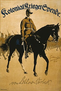 Great War poster of Lettow-Vorbeck leading African soldiers. Above: "Colonial Warriors' Donation"; below a facsimile of Lettow-Vorbeck's signature