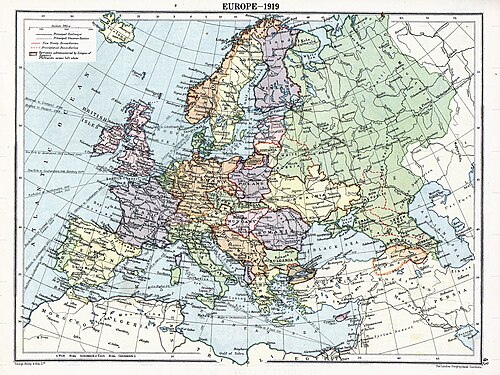 Political divisions of Europe in 1919 after the treaties of Brest-Litovsk and Versailles and before the treaties of Trianon, Kars, Riga and the creation of the Soviet Union, Irish Free State and Turkish Republic
