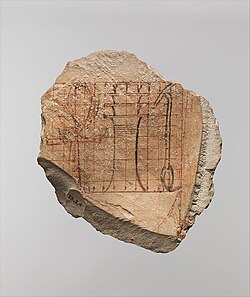 Artist's scaled drawing of hieroglyphs c. 1479–1458 BC, meaning 'life', 'stability', and 'dominion'. The grid lines allowed the artist to draw the hieroglyphs at whatever scale was needed.[31]
