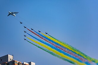 KJ-2000 and J-10s started the flypast formation for the 70th anniversary of the People's Republic of China.
