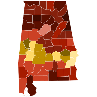 Map of counties in Alabama by racial plurality, per the 2020 census Legend Non-Hispanic White 40–50% 50–60% 60–70% 70–80% 80–90% 90%+ Black or African American 40–50% 50–60% 70–80% 80–90%