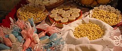 A range of different cakes, pastries, meals, dishes and sweets which are common elements of Sardinian cuisine