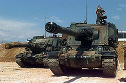 Two French Army Giat GCT 155mm (155 mm AUF1) Self-propelled Guns, 40th Regiment d' Artillerie, with IFOR markings are parked at Hekon base, near Mostar, Bosnia-Herzegovina, in support of Operation Joint Endeavor