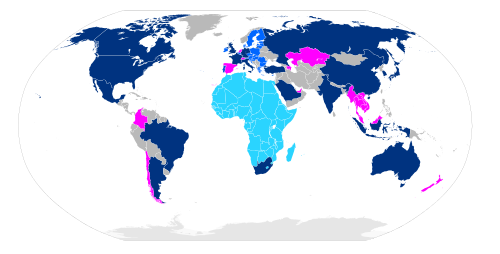 G20 members (dark blue), countries represented through the European Union and African Union (light blue) and previously invited states (pink) as of 2024.