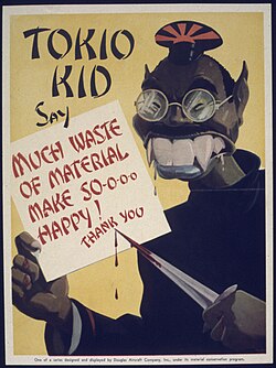 United States World War II poster. Shows a grossly exaggerated caricature of a demonic monster figure, possibly based on Hideki Tōjō. The figure holds a knife dripping blood and a sign in Japlish.