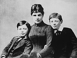 Jennie Spencer Churchill with her two sons, Jack (left) and Winston (right) in 1889