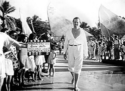 Welles on location in Fortaleza, Brazil, while filming the "Jangadeiros" section of the unfinished film It's All True