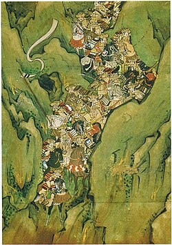 In the Battle of Ichi-no-Tani, Japanese cavalry moving down a mountain-side