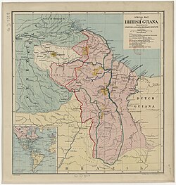 Illustration of the Guiana-Venezuela border dispute, including western boundary ceded to Venezuela, published by Scottish cartographer George Philip in 1897