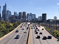 The Schuylkill Expressway (I-76) eastbound at I-676 and US 30, also known as the Vine Street Expressway, in Center City