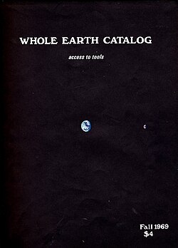 The cover of an early Whole Earth Catalog shows the Earth as seen by astronauts traveling back from the Moon.