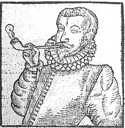 The earliest depiction of a European man smoking, from Tabaco by Anthony Chute, 1595