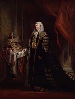 Charles Pepys as Lord Chancellor. The lord chancellor wore black-and-gold robes whilst presiding over the House of Lords.