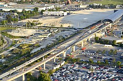 Construction of elevated railway and the Miami Airport Metrolink station, May 2011.