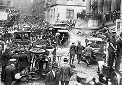 The J.P. Morgan headquarters in New York City, following the September 16, 1920, bomb explosion that took the lives of 38 people and injured over 400 more