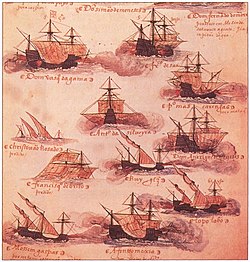 Portuguese carracks and caravels. The Portuguese fleet provided fire support to the landing troops with its powerful artillery.