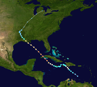 Map plotting the storm's track and intensity, according to the Saffir–Simpson scale