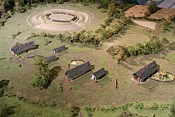 Model of a Linear Pottery culture settlement, showing longhouses, circular enclosures, and fields