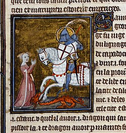Miniature of Saint George and the Dragon, ms. of the Legenda Aurea, Paris, 1382 (BL Royal 19 B XVII, f. 109).