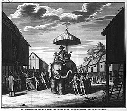 Portuguese ruler mounting an Elephant and his soldiers. Philips, Jan Caspar (draughtsman and engraver)