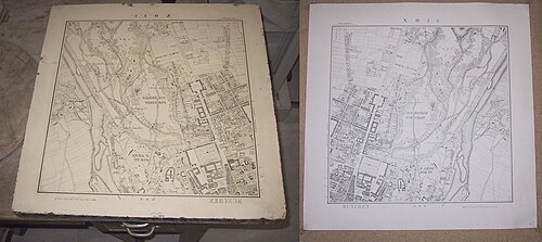 Lithography stone and mirror image print of a map of Munich