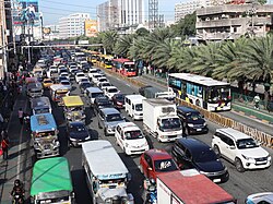 Traffic jam in Manila, Philippines. Buses use separate lanes to avoid congested roads.