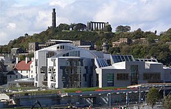 Roof line of the Parliament intended to evoke the crags of the Scottish landscape and, in places, upturned fishing boats. Solar panels can also be seen, part of the building's sustainability strategy.