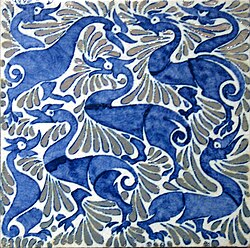 William de Morgan, fantastic ducks on 6-inch tile with luster highlights, Fulham period