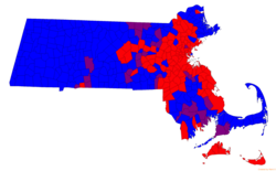 The Commonwealth of Massachusetts allows the school committees of public school districts to have open enrollment policies. Towns in Massachusetts represented by the "School Choice Receiving District Status" (open enrollment status) of their public high school district for the 2016–2017 academic year. Towns represented in blue have school districts with an open enrollment policy for kindergarten through high school. Towns represented in purple have school districts with open enrollment only for specific grades. Towns represented in red have school districts with a closed enrollment policy.[6]