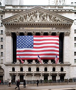 The New York Stock Exchange, the world's largest stock exchange by total market capitalization of its listed companies[228]