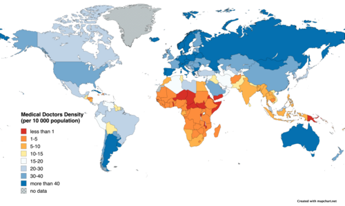 Global concentrations of health care resources, as depicted by the number of physicians per 10,000 individuals, by country. Data is sourced from a WHO indicator and is from 2017-2023.