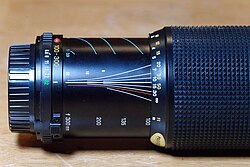 Minolta 100–300 mm zoom lens. The depth of field, and thus hyperfocal distance, changes with the focal length as well as the f-stop. This lens is set to the hyperfocal distance for f/32 at a focal length of 100 mm.