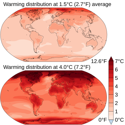 CMIP6 multi-model projections of global surface temperature changes for the year 2090 relative to the 1850–1900 average. The current trajectory for warming by the end of the century is roughly halfway between these two extremes.[24][88][89]