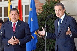 José Luis Rodríguez Zapatero at a press conference with Venezuelan president Hugo Chávez.