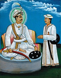 King of Gorkha Kingdom and founder of modern Gorkhali Force Maharajadhiraja Prithvi Narayan Shah, (1743–1775) consulting with his first Army Chief Senapati Shivaram Singh Basnyat (d. 1747)