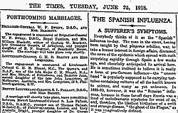 Front page of The Times (London), 25 June 1918: "The Spanish Influenza"