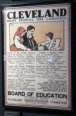 1917 multilingual poster in English, Italian, Hungarian, Slovene, Polish, and Yiddish, advertising English classes for immigrants in Cleveland