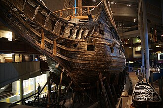 The bow of Vasa, a Swedish warship that foundered and sank on its maiden voyage in 1628. It was salvaged in 1961 and is now on permanent display at the Vasa Museum in Stockholm.