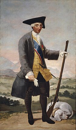 Portrait of Charles III as a huntsman by Francisco Goya, 1786–1788. He was beloved of his subjects who "admired his simple life and his religious spirit.[9]