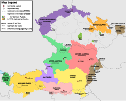 German-speaking provinces claimed by German-Austria in 1918: The border of the subsequent Second Republic of Austria is outlined in red.