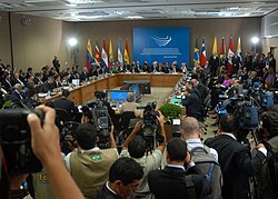 South American presidents gathered during an extraordinary meeting for the signing of the UNASUR Constitutive Treaty in May 2008 in Brasília
