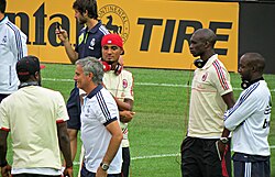 Mourinho with A.C. Milan players prior to a pre-season match with Real Madrid in New York City, 2012
