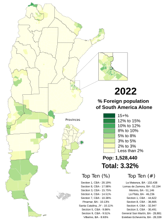 Proportion of foreign South Americans in each department as of the 2022 census.