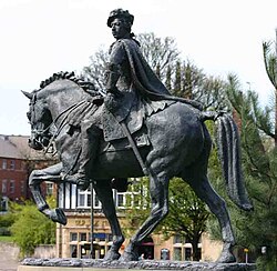 Derby; a statue of Charles Stuart commemorates the Jacobite army reaching the town in 1745