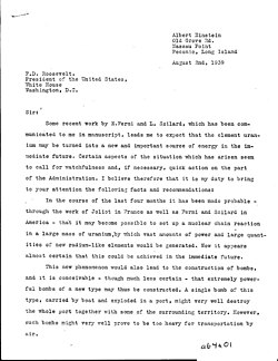 The Einstein letter from Edward Teller and Leó Szilárd to US President Franklin Roosevelt suggesting an atomic bomb project. Click here for page 2.