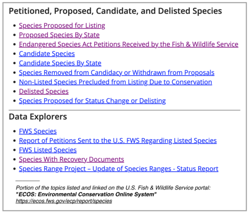 Linked document types of the U.S. Fish and Wildlife Service in making and supporting its listing decisions pursuant to the Endangered Species Act of 1973.[130]
