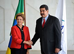 President of Brazil Dilma Rousseff hosting the President of Venezuela Nicolás Maduro during the XLVIII Mercosur meeting in 2015