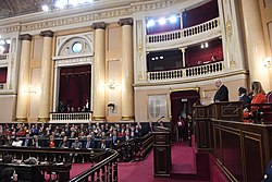 The President of Israel Reuven Rivlin addresses the Cortes Generales during his state visit to Madrid in November 2017