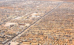 An aerial view of a portion of the Zaatari refugee camp which contains a population of 80,000 Syrian refugees, the largest Syrian refugee camp in the world