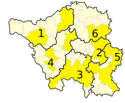 Borders of districts and municipalities of Saarland (cities in dark-yellow)